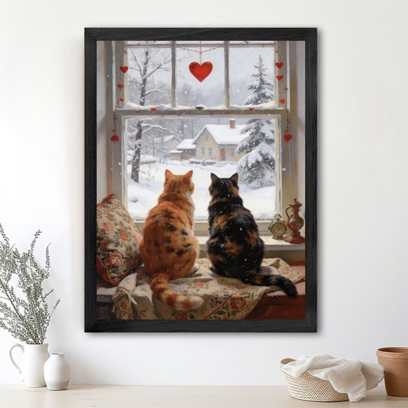 Reproduction d'art encadrée noire de chats rétro se blottissant ensemble, H 17 po x l 13 po