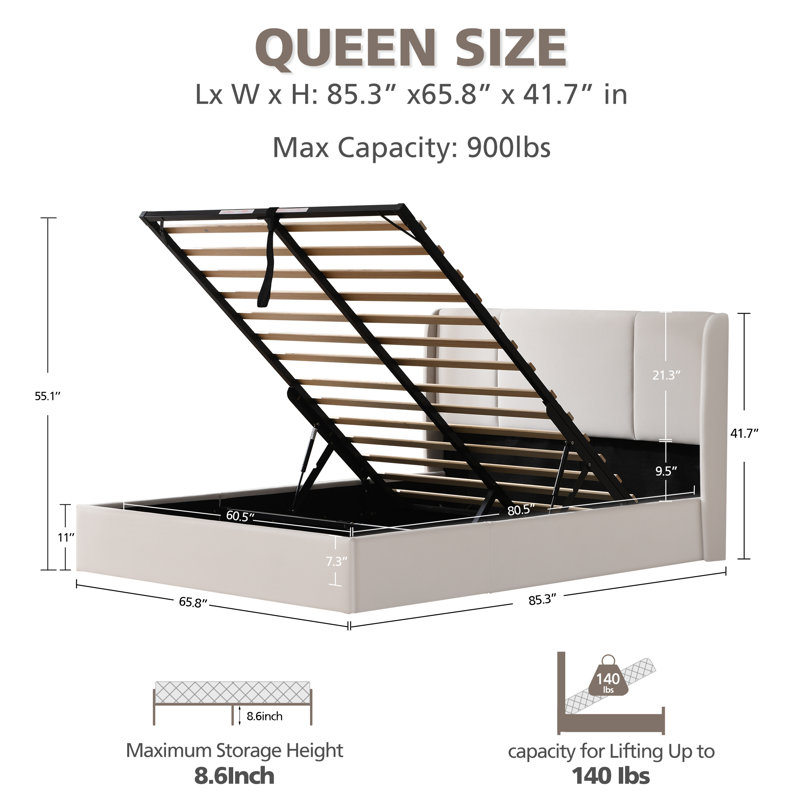 Juanetta Hydraulic Lift Up Storage Wingback Upholstered Platform Bed
