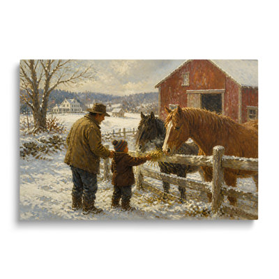 Tableau « Père et enfant nourrissant des chevaux en hiver », impression sur toile - 51 x 76 cm
