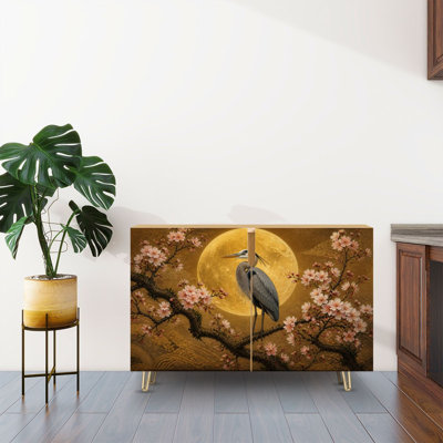 Sideboard Buffet Cabinet with Storage Heron Cherry Blossoms Under Golden Full Moon Japanese Inspired Vintage with 2 Doors for Living Room and Kitchen