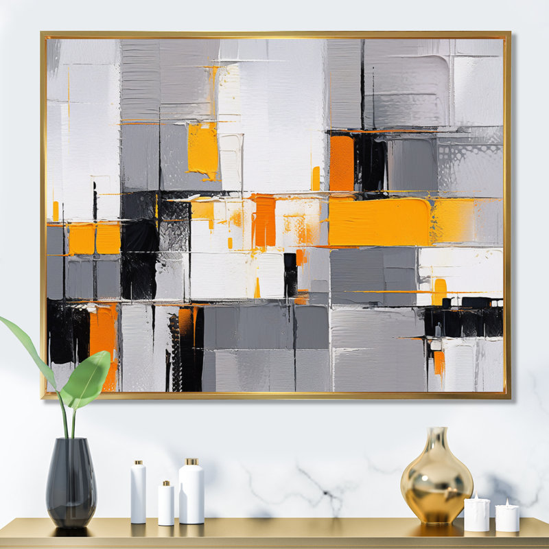 Rayures jaunes et grises sur toile, Cadre flottant doré, H 12 po x l 20 po x P 1 po
