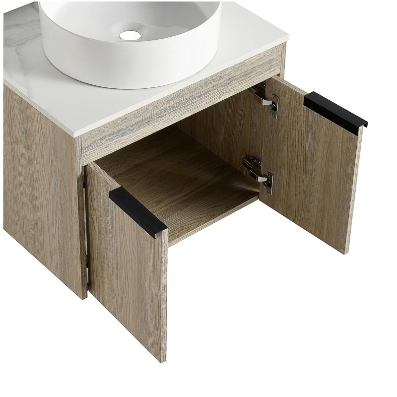 Ensemble de coiffeuse flottante 24 po avec vasque en céramique, coiffeuse murale en chêne blanc avec porte, Cylindre
