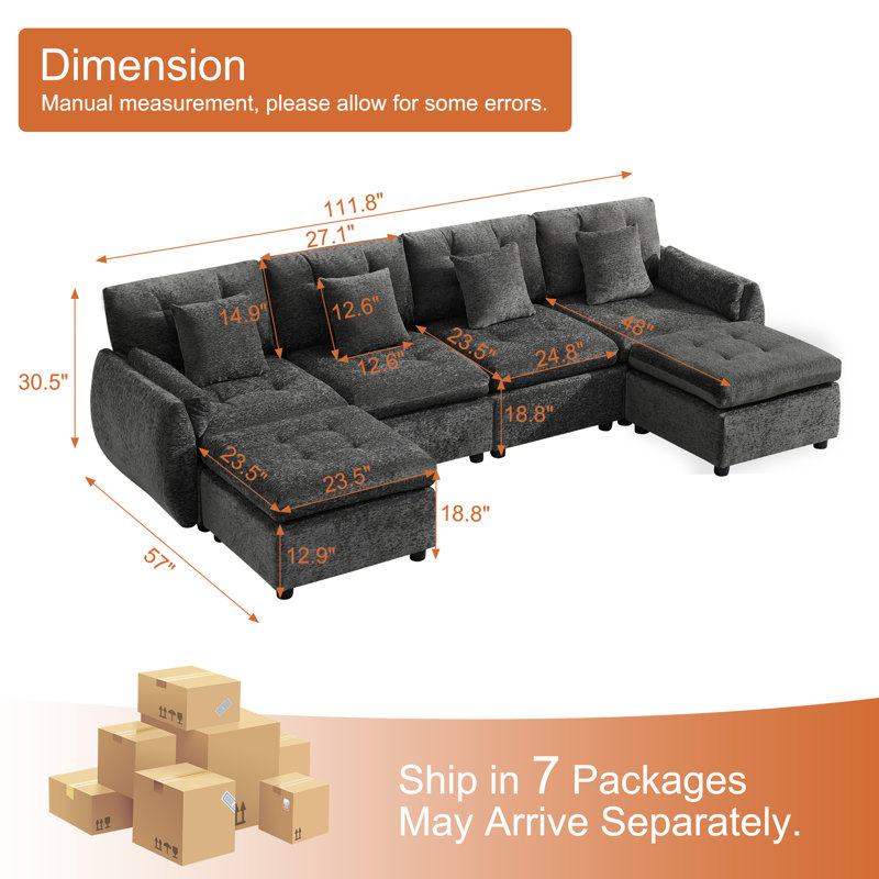 Ensemble de canapé modulaire avec repose-pieds capitonné et dossier coussiné, Chenille grise foncée