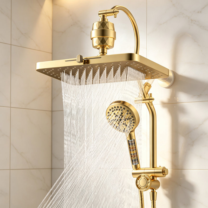 Pommeau de douche à effet pluie à double filtration avec douchette à 10 jets, Or brossé