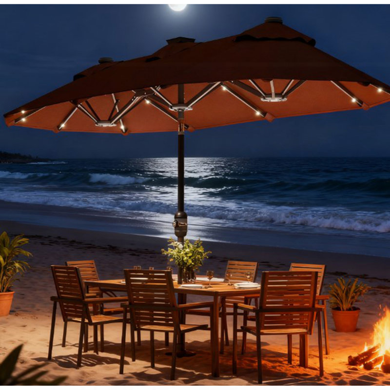 Parasol spacieux pour l'extérieur, parasol de patio double face, avec lumières et base solaires, parasol de table de salle à manger à bouton-poussoir inclinable
