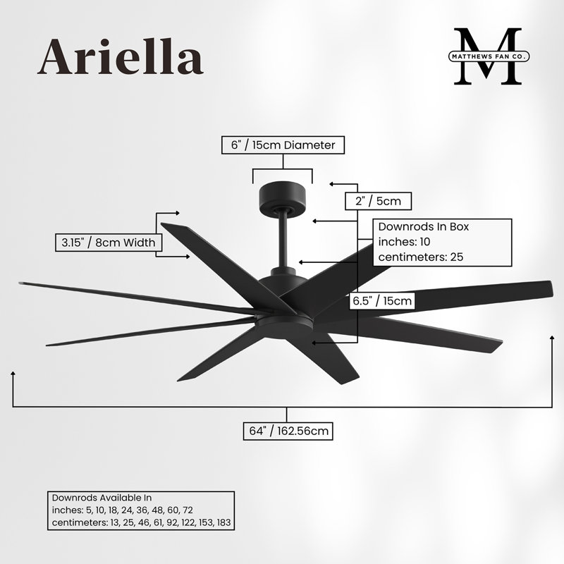 Ariella - Eight Blade Ceiling Fan - Brushed Brass Finish - Matte Black Blades, Matte Black, Matte Black
