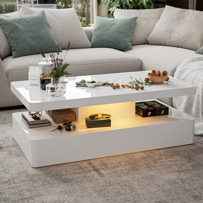 Table basse à DEL ultra brillante avec rangement Abdulmalek, blanc, Blanc, Rounded Corners
