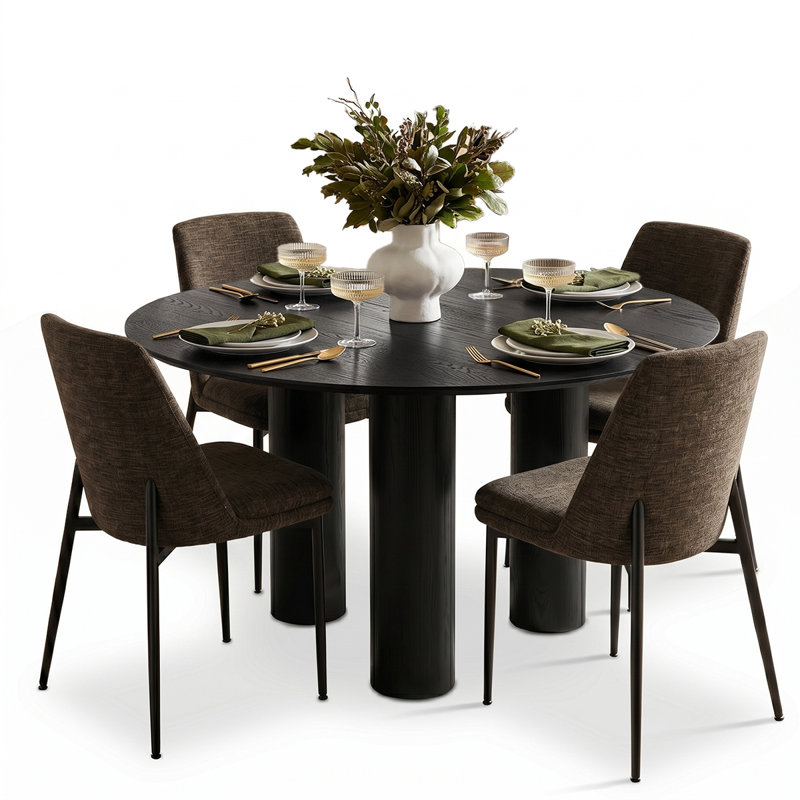 Modern 5-Piece Round Dining Set With Multi-Pedestal Base Table And Upholstered Side Chairs, Brown