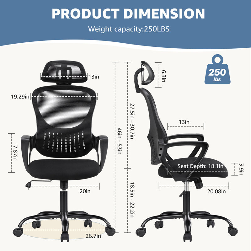 Rolling Work Chairs with Wheels and Adjustable Headrests, Black, Black