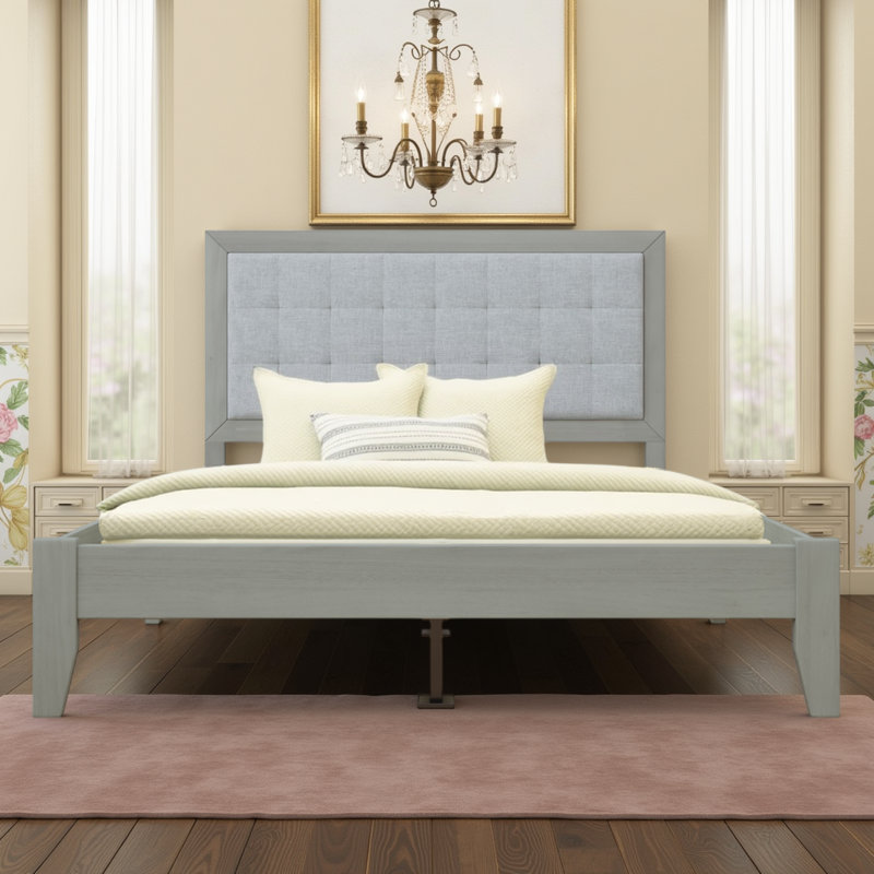 Upholstered Platform Bed with Tufted Headboard, Solid Rubberwood Panel Bed, Queen