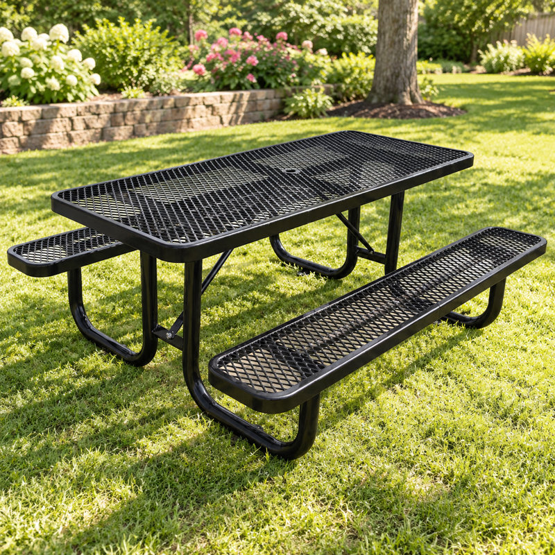 Table de pique-nique rectangulaire en acier de 6 pieds avec trou pour parasol, noir