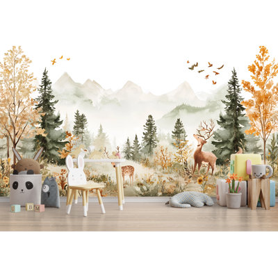 Papier peint aquarelle forêt de cerf - Paysage d'automne avec montagnes, arbres et animaux sauvages pour chambre de bébé