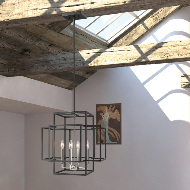Lustre carré / rectangulaire à 4 lumières Orona, H 22 po x l 22 po x p 22 po, Noir / Nickel brossé