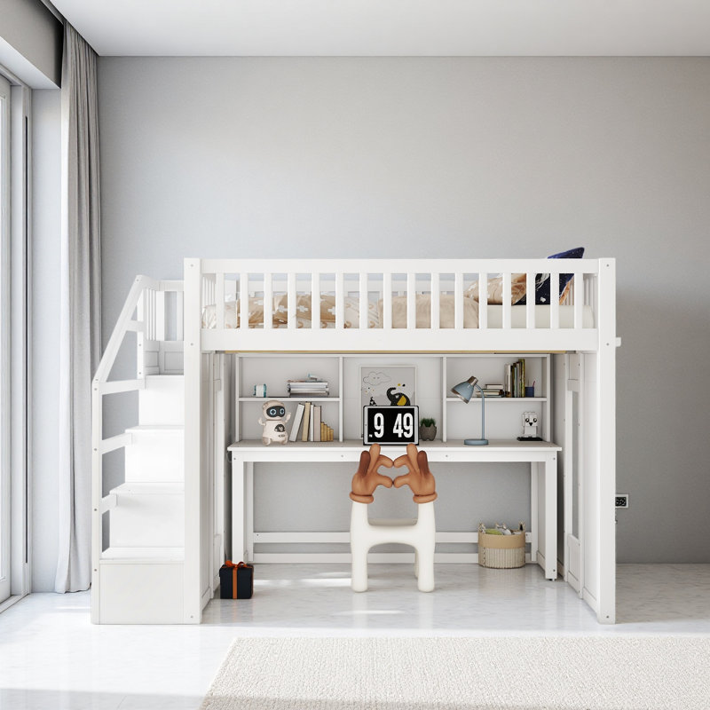 Lit mezzanine avec bureau mobile et tablette de rangement, avec escalier de rangement, Lit double, Blanc