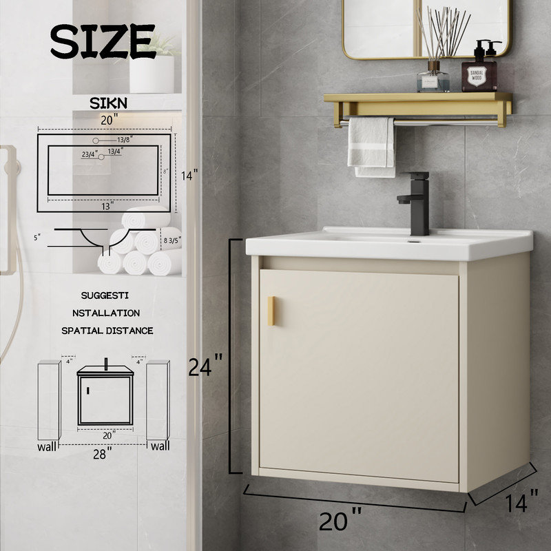 20 Inch Bathroom Vanity with Sink Combo, Wall Mounted Small Bathroom Vanity with Soft-Close Door Modern Floating Cabinet, Pop-up Drain, P-Trap Included, (No Faucet)
