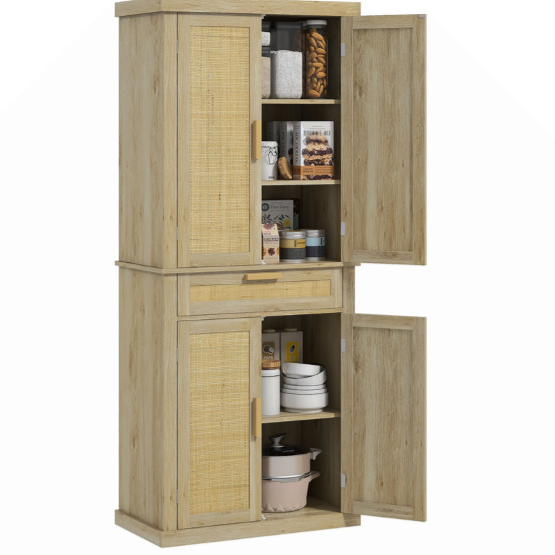 Oak and Rattan 72" Tall Kitchen Pantry Storage Cabinet
