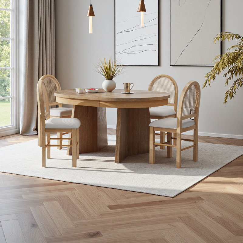 Ensemble de salle à manger extensible 5 pièces avec table ovale et chaises en rotin Maximili, Naturel