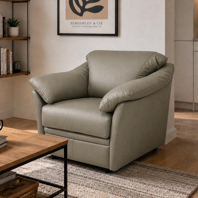 Fauteuil Ramdev, Cuir véritable gris clair, Chaise
