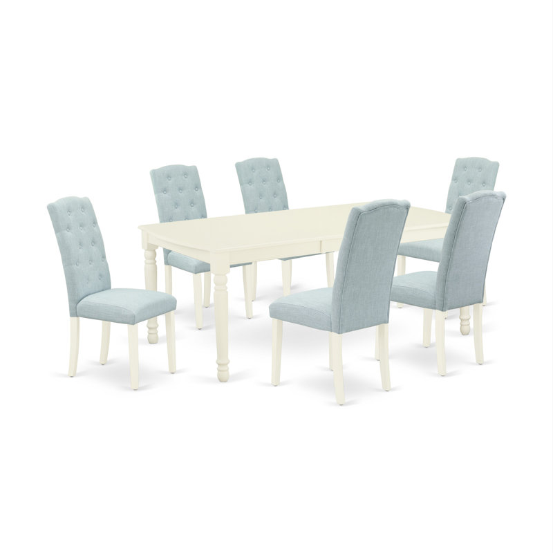 Ensemble de table et chaises de salle à manger 7 pièces comprenant une table de salle à manger rectangulaire en forme de feuille de papillon et 6 chaises Parson en tissu bleu bébé, lin blanc