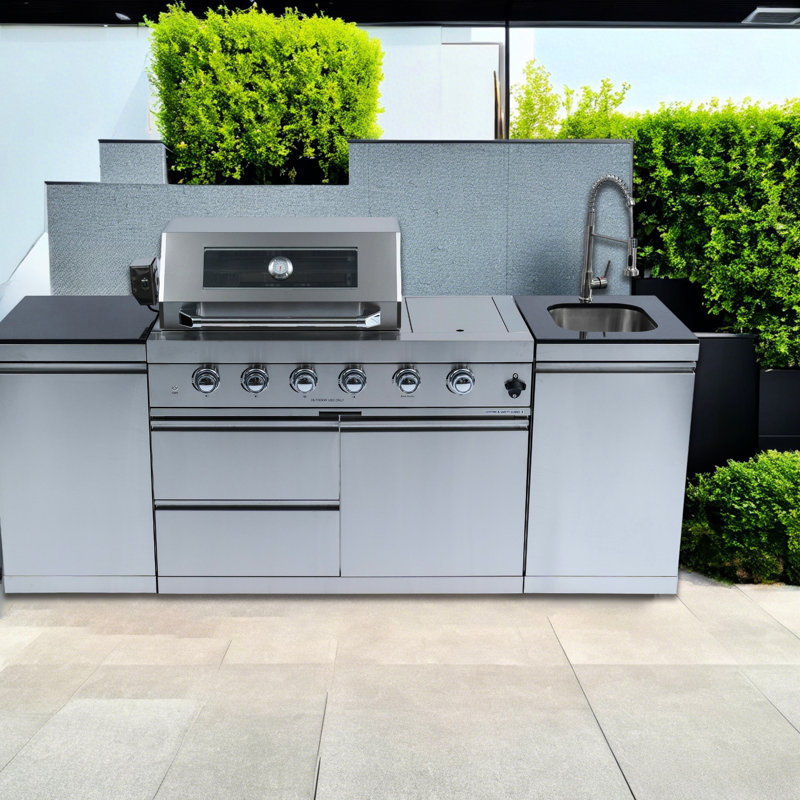 Barbecue au gaz en acier inoxydable à 4 brûleurs 72000 pour la cuisine extérieure, avec côté B, comptoirs en granit, armoires de rangement, hotte à doublure double avec jauge de température, lumières halogènes, électronique