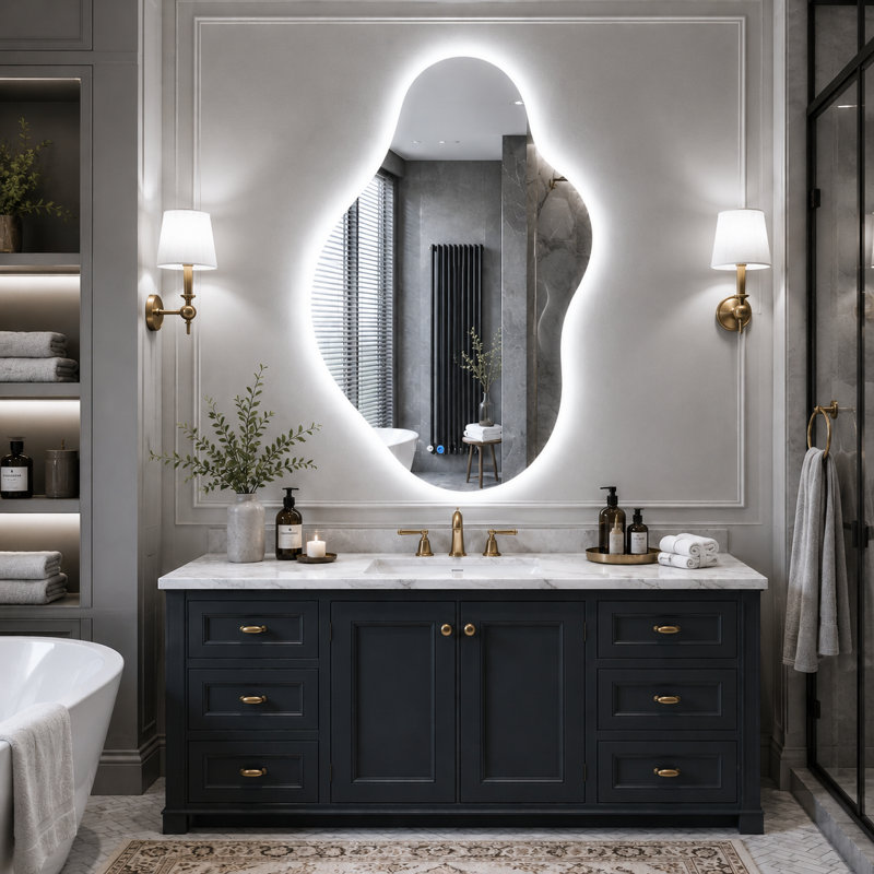 Miroir de salle de bain asymétrique à DEL, sans cadre, fixé au mur, avec traitement antibuée et intensité lumineuse réglable sur 3 températures de couleur (62 cm L x 109 cm H).