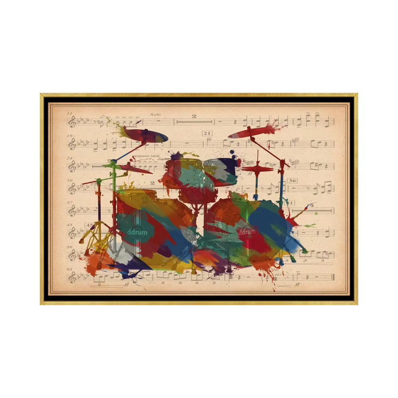 #2 de tambours multicolores sur une feuille de musique-impression d’art graphique, Pas de tapis, Toile encadrée d'or