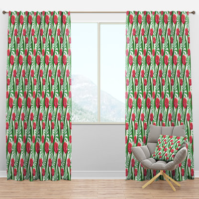 Red Tropical Flowers - Farmhouse Curtain - Velvet Room darkening - 1 panel