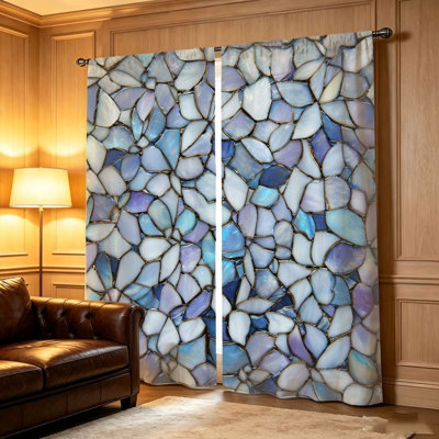 2 pièces de rideaux effet vitrail mosaïque, tissu filtrant la lumière, motif abstrait de pierre irrégulière bleue et mauve, panneaux de fenêtre décoratifs, conception de passe-tringle pour le salon, la chambre à coucher et la cuisine