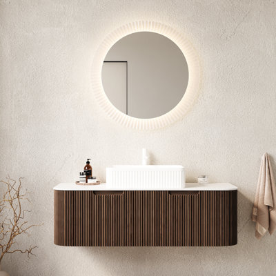Meuble-lavabo 48 po avec lavabo rectangulaire en céramique blanche, noyer foncé, 2 tiroirs, finition rayée 3D, glissières de tiroir encastrées à fermeture en douceur, pré-assemblé