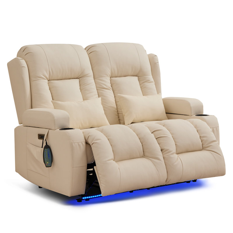 Power Reclining Sofa With Heat And Massage, Dual Recliner Loveseat With Cup Holders And And Led Lights, Beige