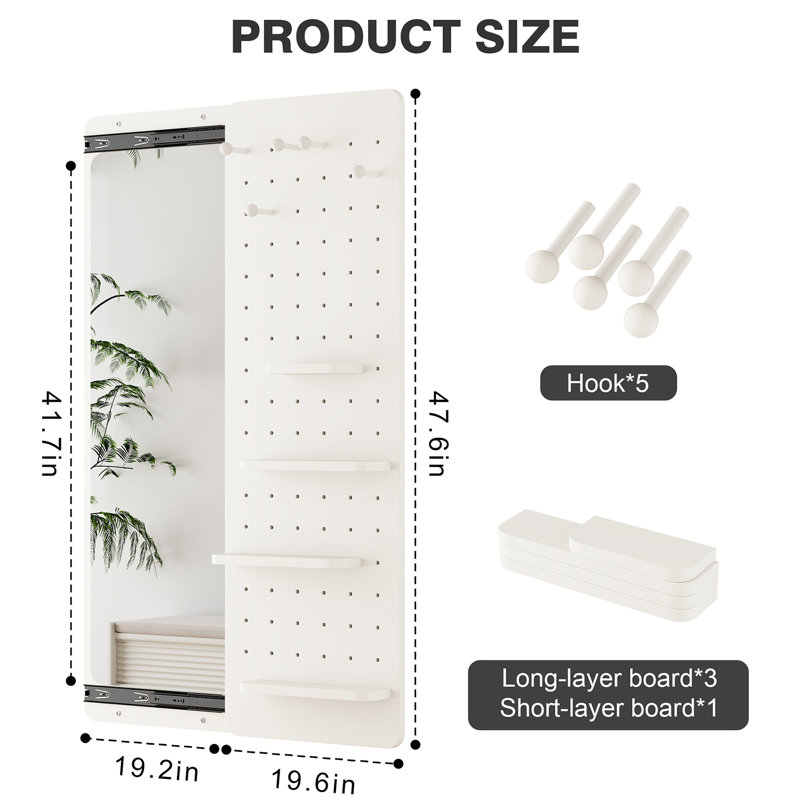 Miroir mural pleine grandeur avec tablette et crochets, Blanc