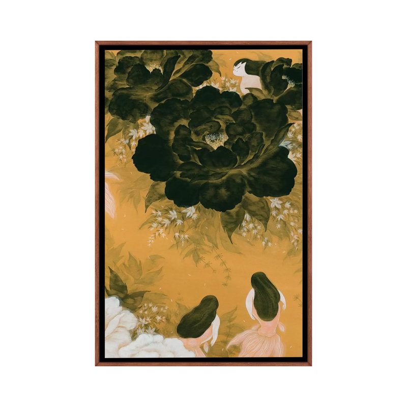 Goldfish Mermaid - Peony And Ballerinas III by Martin Hsu - Painting on Canvas, Classic Brown Wood Framed