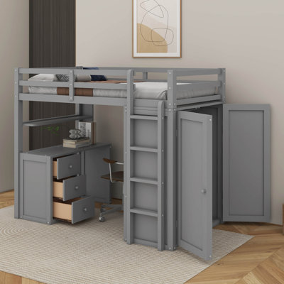 Twin Loft Bed With Drawers,Desk And Wardrobe
