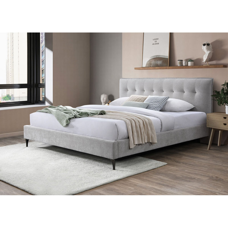 Rexsie Tufted Headboard Queen Bed, Queen, Light Gray/Black