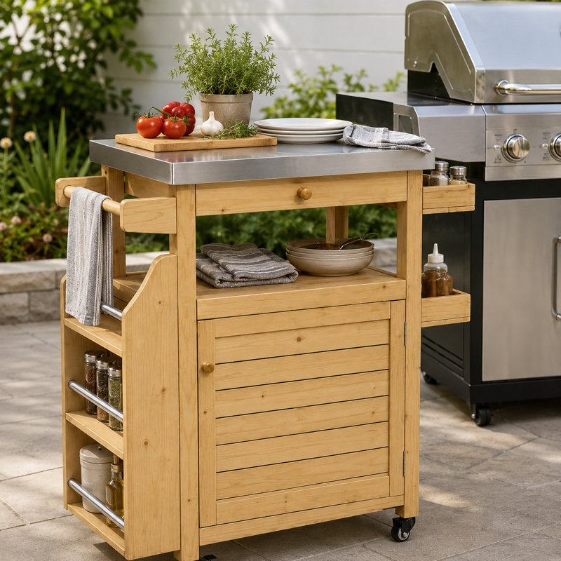Outdoor Grill Cart with 304 Stainless Steel Top, Solid Wood Rolling Kitchen Island with Drawer, Storage Cabinet, Side Shelves and Lockable Casters for BBQ, Patio and Kitchen
