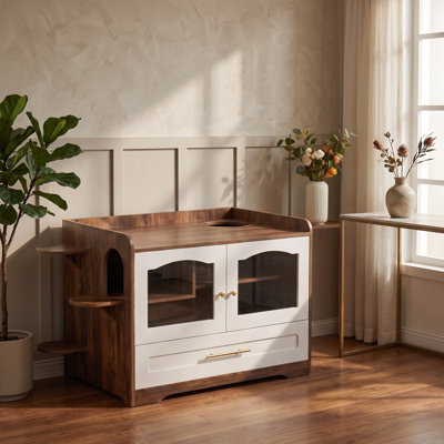 Meuble à litière rustique pour chat avec porte en acrylique, allée extra-longue et tiroir coulissant - Brun et blanc