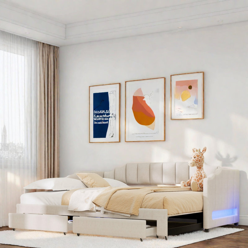 Extendable Upholstered Daybed With 2 Storage Drawers And Led Light, Beige