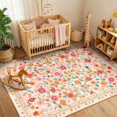 Machine Washable Rug Non-Slip Low Pile Floral Print Area Rug For Living Room Bedroom Dining Room Kids Room Bedside Kitchen Lounge