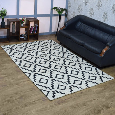 Tapis Aicha en jute Sumak noué à la main, écologique et uni - 244 x 305 cm, rectangulaire, beige et noir, design géométrique moderne, poils longs, fibre naturelle, tapis intérieur/extérieur fait main pour salon, chambre