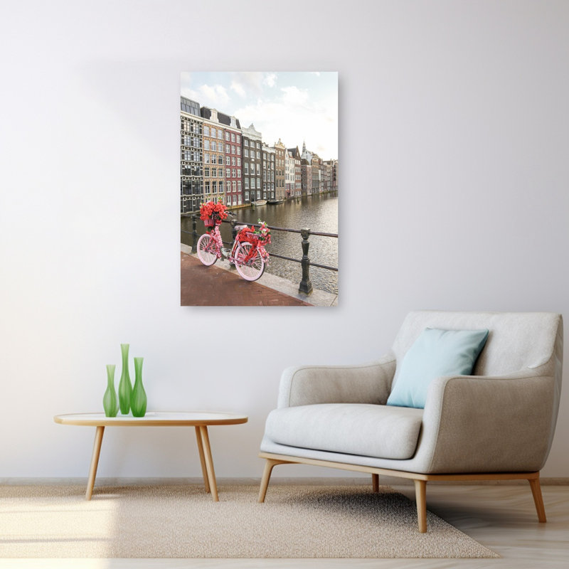 Reproduction d'art mural de ville rose abstrait à vélo, canal contemporain, Amsterdam, 48" H x 32" W