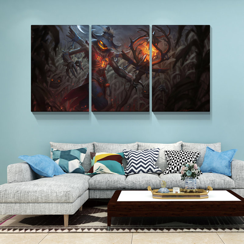 «Haunted Scary Jackstraw» avec une citrouille-lanterne sur toile, 3 pièces, H 12 po x l 18 po x P 2 po