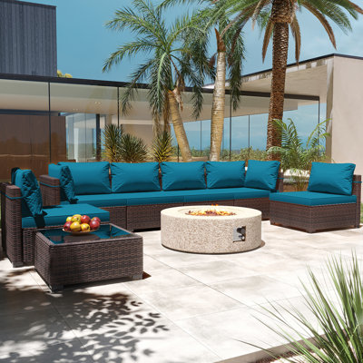 Ensemble de conversation de patio en rotin 8 pièces avec coussins et table de foyer d'extérieur de 42 pouces