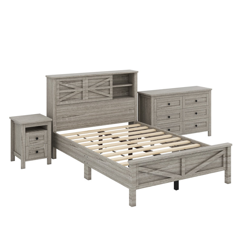 Ensemble de sommeil rustique 3 pièces avec lit plateforme peu encombrant, tête de lit à porte coulissante multifonctionnelle avec accès USB, table de chevet et commode complémentaires pour une organisation améliorée