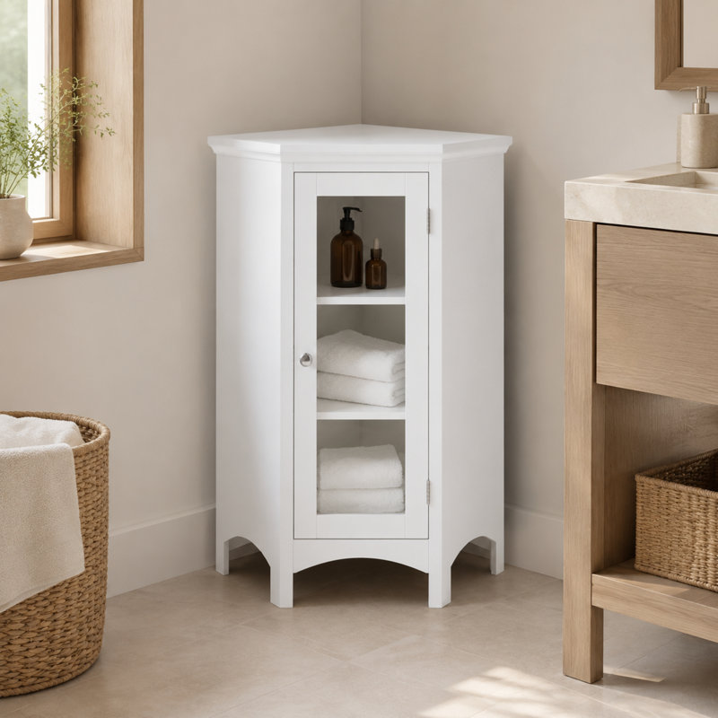 Allare Corner Floor Cabinet, 2 Adjustable Shelves, Glass Door, 32in Freestanding White Storage Cabinet for Bathroom and Living Room Storage