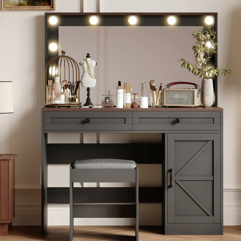 Bureau de coiffeuse 43,4 po avec 11 lumières à DEL, luminosité réglable, 3 tiroirs de rangement, bureau pour femmes, noir pour femme, luminosité réglable, 3, tabouret de table de maquillage