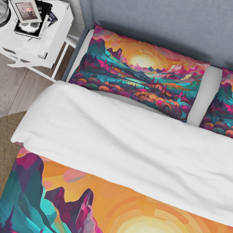 Ensemble de housse de couette en microfibre / polyester Vibrant Sunset Shining Over Mountains III Bedding