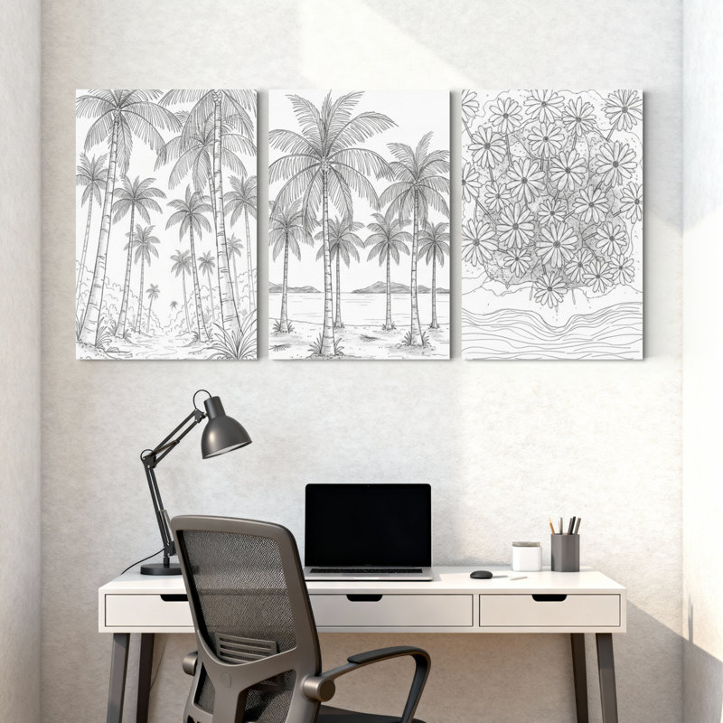 Palmiers, palmiers, plage, fleurs, vagues, ensemble de 3 impressions sur toile, H 30 po x l 60 po