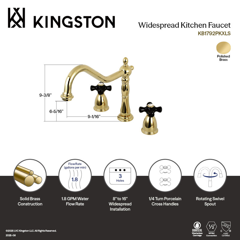 Kingston Brass Duchess Double-Handle Widespread Kitchen Faucet, Polished Brass, Without Spray