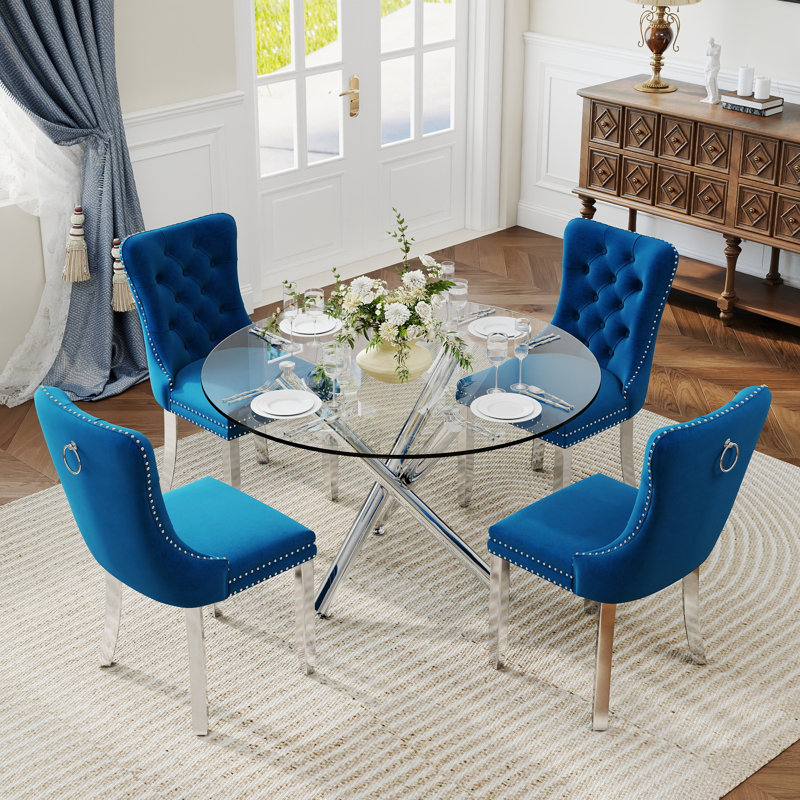 Ensemble de salle à manger à piédestal rond 5 pièces avec chaise capitonnée en velours pour salle à manger et salon, Bleu