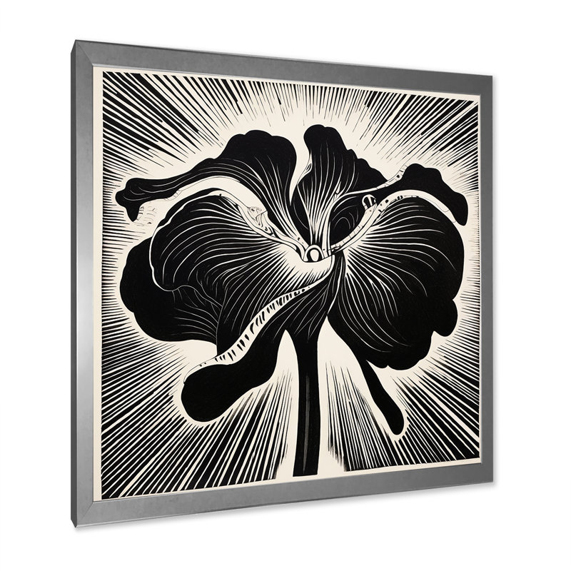 Fleur d'iris abstrait noir et blanc sur toile, Cadre simple argenté, H 24 po x l 24 po x P 1 po